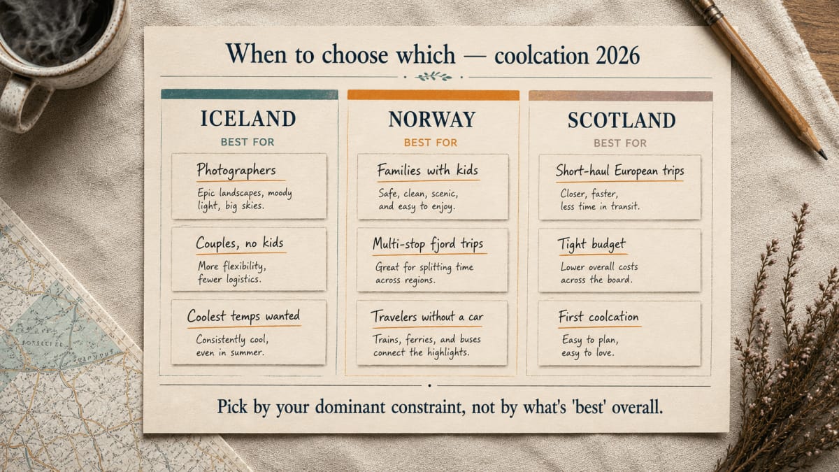 When to choose Iceland, Norway, or Scotland for a 2026 coolcation — decision matrix by traveler type