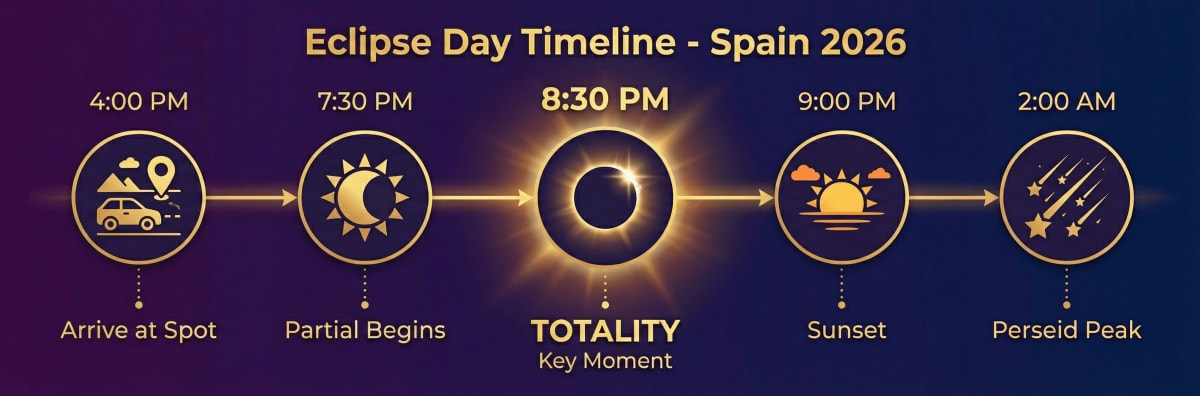 Eclipse Day Timeline for Spain: 4PM arrival, 7:30PM partial begins, 8:30PM totality, 9PM sunset, 2AM Perseid peak