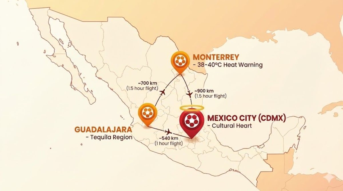 Mexico FIFA World Cup 2026 host cities map showing CDMX, Guadalajara, and Monterrey with distances