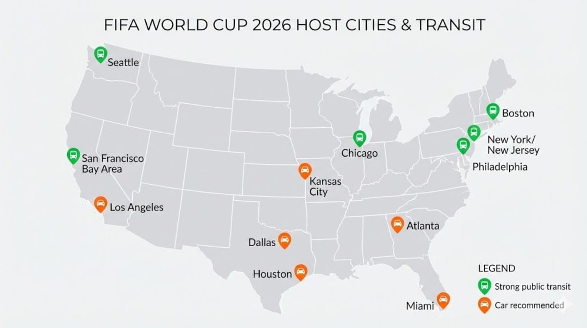 USA FIFA World Cup 2026 host cities map with public transit ratings for all 11 cities