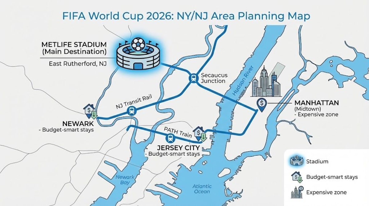New York New Jersey FIFA World Cup 2026 planning map with MetLife Stadium and budget hotel zones in Newark and Jersey City